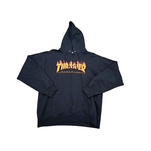 Vintage Thrasher Hoodie Men M Medium Black Skateboard Magazine Flames Sweater - Picture 1 of 11